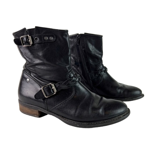 Paul Green "Nathan" Moto Boots Women's 8 Leather Braided Black Ankle Boots Zip - Picture 1 of 11